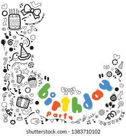 Hand drawn doodle with handwritten lettering.Vector Illustration with birthday party words for template paper, card.