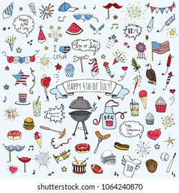 Hand drawn doodle Happy 4th of July icons set Vector illustration USA independence day symbols collection Cartoon sketch celebration elements: BBQ, food, drink, party, rocket, fireworks, American flag