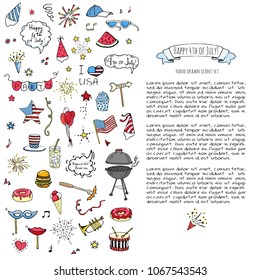 Hand drawn doodle Happy 4th of July icons set Vector illustration USA independence day symbols collection Cartoon sketch celebration elements: BBQ, food, drink, party, rocket, fireworks, American flag