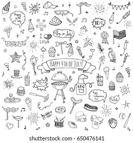 Hand Drawn Doodle Happy 4th Of July Icons Set Vector Illustration USA Independence Day Symbols Collection Cartoon Sketch Celebration Elements: BBQ, Food, Drink, Party, Rocket, Fireworks, American Flag