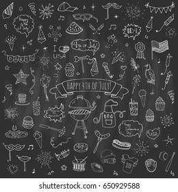 Hand drawn doodle Happy 4th of July icons set Vector illustration USA independence day symbols collection Cartoon sketch celebration elements: BBQ, food, drink, party, rocket, fireworks, American flag