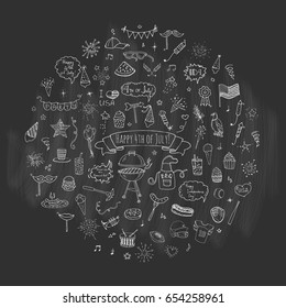 Hand drawn doodle Happy 4th of July icons set Vector illustration USA independence day symbols collection Cartoon sketch celebration elements: BBQ, food, drink, party, rocket, fireworks, American flag