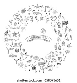 Hand drawn doodle Happy 4th of July icons set Vector illustration USA independence day symbols collection Cartoon sketch celebration elements: BBQ, food, drink, party, rocket, fireworks, American flag