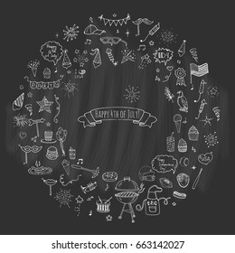 Hand drawn doodle Happy 4th of July icons set Vector illustration USA independence day symbols collection Cartoon sketch celebration elements: BBQ, food, drink, party, rocket, fireworks, American flag