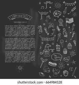 Hand drawn doodle Happy 4th of July icons set Vector illustration USA independence day symbols collection Cartoon sketch celebration elements: BBQ, food, drink, party, rocket, fireworks, American flag