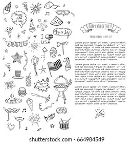 Hand drawn doodle Happy 4th of July icons set Vector illustration USA independence day symbols collection Cartoon sketch celebration elements: BBQ, food, drink, party, rocket, fireworks, American flag