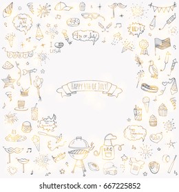 Hand drawn doodle Happy 4th of July icons set Vector illustration USA independence day symbols collection Cartoon sketch celebration elements: BBQ, food, drink, party, rocket, fireworks, American flag