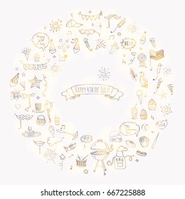 Hand drawn doodle Happy 4th of July icons set Vector illustration USA independence day symbols collection Cartoon sketch celebration elements: BBQ, food, drink, party, rocket, fireworks, American flag