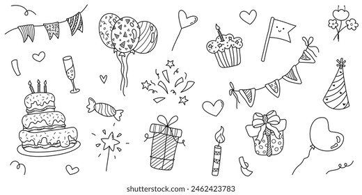 Hand drawn doodle Happy Birthday set. Outline symbols of Party. Cake, gift boxes, party hat, garlands, balloons. Vector elements isolated on white background