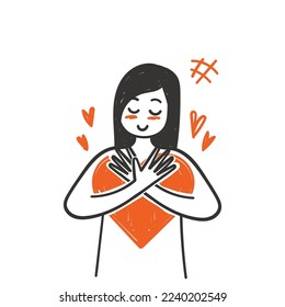 hand drawn doodle a happy and blushing woman hugging love illustration