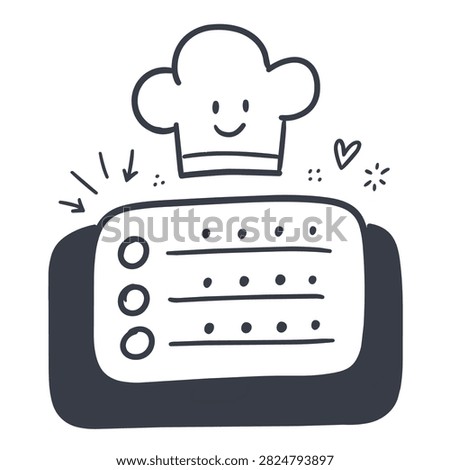 A hand drawn doodle of a happy chef hat hovering above a recipe list with bullet points and lines on a dark background