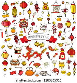 Hand drawn doodle Happy Chinese New Year icons set. Vector illustration. Asian lunar festival collection. Cartoon sketch celebration elements: firecracker, golden coin, money envelope, dragon, lantern