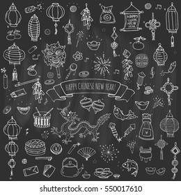 Hand drawn doodle Happy Chinese New Year icons set. Vector illustration. Asian lunar festival collection. Cartoon sketch celebration elements: firecracker, golden coin, money envelope, dragon, lantern