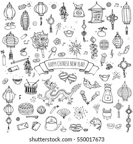 Hand drawn doodle Happy Chinese New Year icons set. Vector illustration. Asian lunar festival collection. Cartoon sketch celebration elements: firecracker, golden coin, money envelope, dragon, lantern