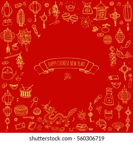 Hand drawn doodle Happy Chinese New Year icons set. Vector illustration. Asian lunar festival collection. Cartoon sketch celebration elements: firecracker, golden coin, money envelope, dragon, lantern