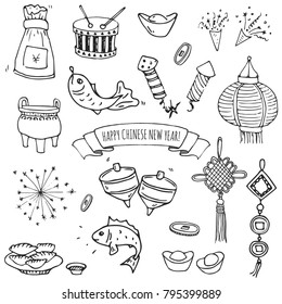 Hand drawn doodle Happy Chinese New Year icons set. Vector illustration. Asian lunar festival collection. Cartoon sketch celebration elements: firecracker, golden coin, money envelope, dragon, lantern