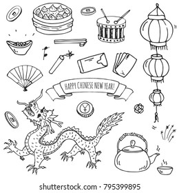 Hand drawn doodle Happy Chinese New Year icons set. Vector illustration. Asian lunar festival collection. Cartoon sketch celebration elements: firecracker, golden coin, money envelope, dragon, lantern