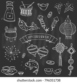 Hand drawn doodle Happy Chinese New Year icons set. Vector illustration. Asian lunar festival collection. Cartoon sketch celebration elements: firecracker, golden coin, money envelope, dragon, lantern