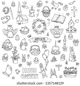 Hand drawn doodle Happy Easter icons set Vector illustration sketchy  traditional symbols collection Cartoon celebration concept elements eggs, bunny, willow twigs, basket, candles, Christian church