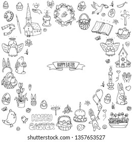 Hand drawn doodle Happy Easter icons set Vector illustration sketchy  traditional symbols collection Cartoon celebration concept elements eggs, bunny, willow twigs, basket, candles, Christian church