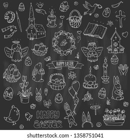 Hand drawn doodle Happy Easter icons set Vector illustration sketchy  traditional symbols collection Cartoon celebration concept elements eggs, bunny, willow twigs, basket, candles, Christian church