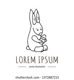 Hand drawn doodle Happy Easter bunny holding decorated egg icon Cute funny vector illustration sketchy traditional holiday symbol Cartoon celebration concept element Isolated image on white background