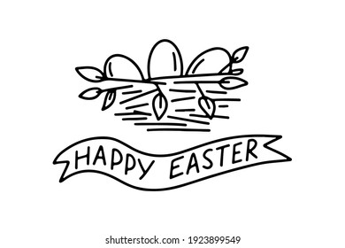 Hand drawn doodle Happy Easter card with nest, eggs isolated on white background. Vector illustration. Design for coloring book, greeting card, print.