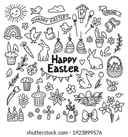 Hand drawn doodle Happy Easter set isolated on white. Basket with colored eggs, bunny, carrot, tulips, glazed cake, candle, chick. Vector illustration. Design for coloring book, greeting card, print.