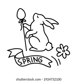 Hand drawn doodle Happy Easter card with egg, bunny, flower, branch isolated on white background. Vector illustration. Design for coloring book, greeting card, print.