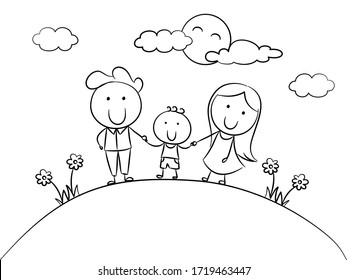 Hand drawn doodle happy family.
