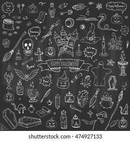 Hand drawn doodle Happy Halloween icons set. Vector illustration. Holiday symbols collection. Cartoon various sketch elements: pumpkin, ghost, castle, bat, candy, witches cauldron, zombie hand, skull