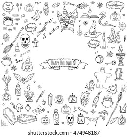 Hand drawn doodle Happy Halloween icons set. Vector illustration. Holiday symbols collection. Cartoon various sketch elements.