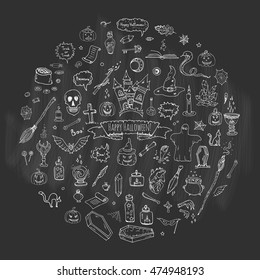 Hand drawn doodle Happy Halloween icons set. Vector illustration. Holiday symbols collection. Cartoon various sketch elements.