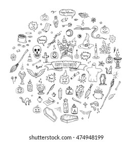 Hand drawn doodle Happy Halloween icons set. Vector illustration. Holiday symbols collection. Cartoon various sketch elements.