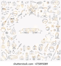Hand drawn doodle Happy Halloween icons set. Vector illustration. Holiday symbols collection. Cartoon various sketch elements: pumpkin, ghost, castle, bat, candy, witches cauldron, zombie hand, skull