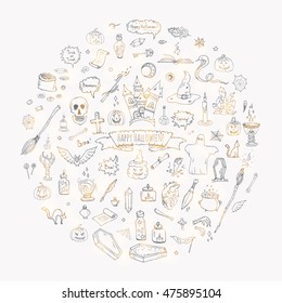Hand drawn doodle Happy Halloween icons set. Vector illustration. Holiday symbols collection. Cartoon various sketch elements: pumpkin, ghost, castle, bat, candy, witches cauldron, zombie hand, skull