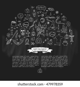 Hand drawn doodle Happy Halloween icons set. Vector illustration. Holiday symbols collection. Cartoon various sketch elements: pumpkin, ghost, castle, bat, candy, witches cauldron, zombie hand, skull