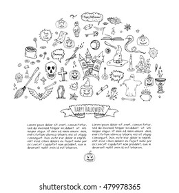 Hand drawn doodle Happy Halloween icons set. Vector illustration. Holiday symbols collection. Cartoon various sketch elements: pumpkin, ghost, castle, bat, candy, witches cauldron, zombie hand, skull