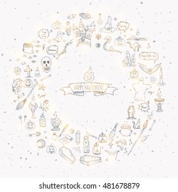 Hand drawn doodle Happy Halloween icons set. Vector illustration. Holiday symbols collection. Cartoon various sketch elements: pumpkin, ghost, castle, bat, candy, witches cauldron, zombie hand, skull