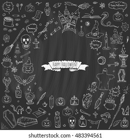 Hand drawn doodle Happy Halloween icons set. Vector illustration. Holiday symbols collection. Cartoon various sketch elements: pumpkin, ghost, castle, bat, candy, witches cauldron, zombie hand, skull