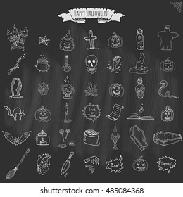Hand drawn doodle Happy Halloween icons set. Vector illustration. Holiday symbols collection. Cartoon various sketch elements: pumpkin, ghost, castle, bat, candy, witches cauldron, zombie hand, skull