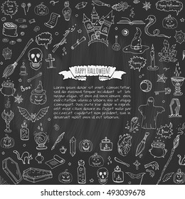 Hand drawn doodle Happy Halloween icons set. Vector illustration. Holiday symbols collection. Cartoon various sketch elements: pumpkin, ghost, castle, bat, candy, witches cauldron, zombie hand, skull