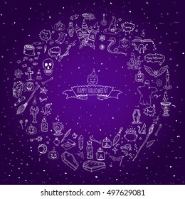 Hand drawn doodle Happy Halloween icons set. Vector illustration. Holiday symbols collection. Cartoon various sketch elements: pumpkin, ghost, castle, bat, candy, witches cauldron, zombie hand, skull
