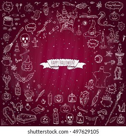Hand drawn doodle Happy Halloween icons set. Vector illustration. Holiday symbols collection. Cartoon various sketch elements: pumpkin, ghost, castle, bat, candy, witches cauldron, zombie hand, skull
