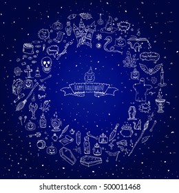 Hand drawn doodle Happy Halloween icons set. Vector illustration. Holiday symbols collection. Cartoon various sketch elements: pumpkin, ghost, castle, bat, candy, witches cauldron, zombie hand, skull