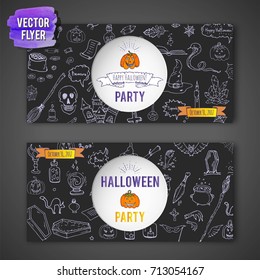 Hand drawn doodle Happy Halloween icons set. Vector illustration. Holiday symbols collection. Cartoon various sketch elements: pumpkin, ghost, castle, bat, candy, witches cauldron, zombie hand, skull