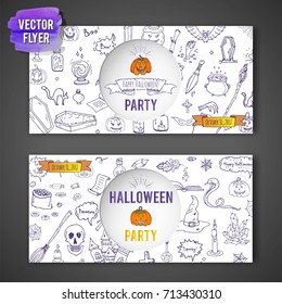 Hand drawn doodle Happy Halloween icons set. Vector illustration. Holiday symbols collection. Cartoon various sketch elements: pumpkin, ghost, castle, bat, candy, witches cauldron, zombie hand, skull