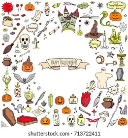 Hand drawn doodle Happy Halloween icons set. Vector illustration. Holiday symbols collection. Cartoon various sketch elements: pumpkin, ghost, castle, bat, candy, witches cauldron, zombie hand, skull