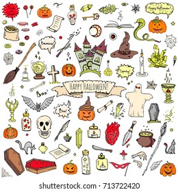 Hand drawn doodle Happy Halloween icons set. Vector illustration. Holiday symbols collection. Cartoon various sketch elements: pumpkin, ghost, castle, bat, candy, witches cauldron, zombie hand, skull