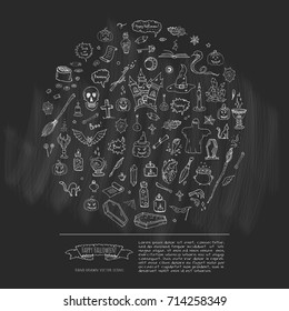 Hand drawn doodle Happy Halloween icons set. Vector illustration. Holiday symbols collection. Cartoon various sketch elements: pumpkin, ghost, castle, bat, candy, witches cauldron, zombie hand, skull